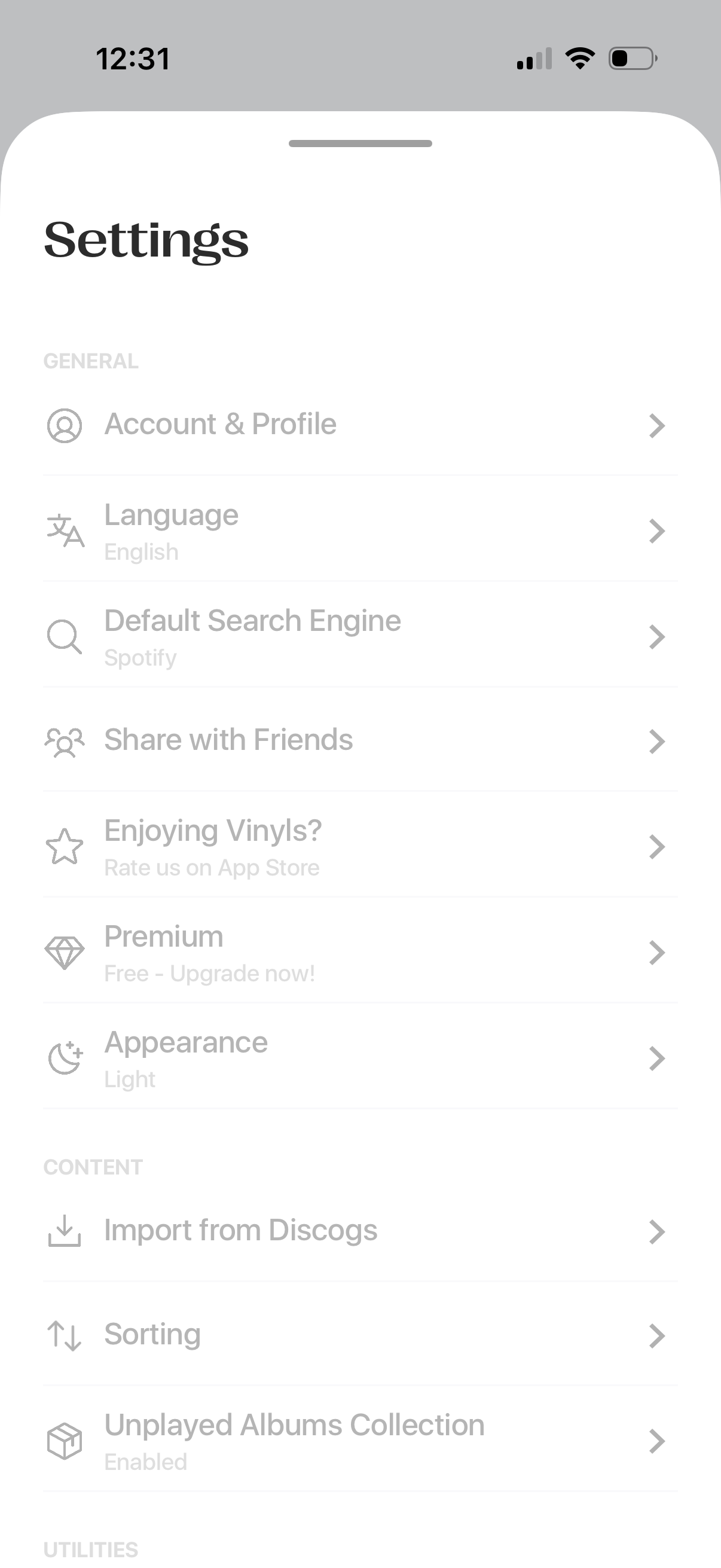 vinyls settings screenshot